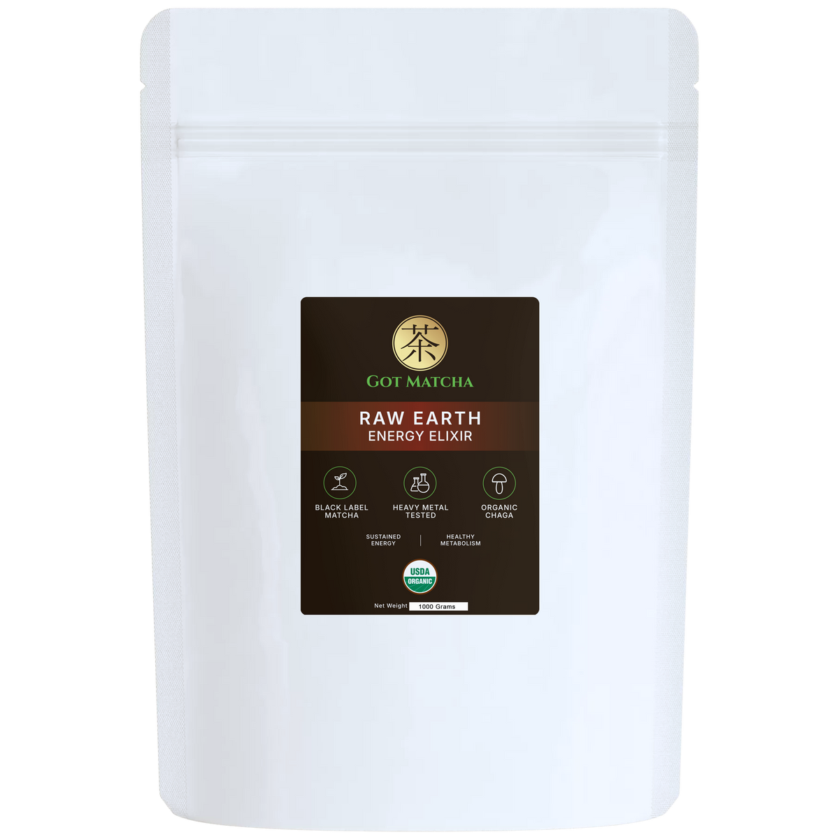Got Matcha Raw Earth — front label, 1000g resealable pouch