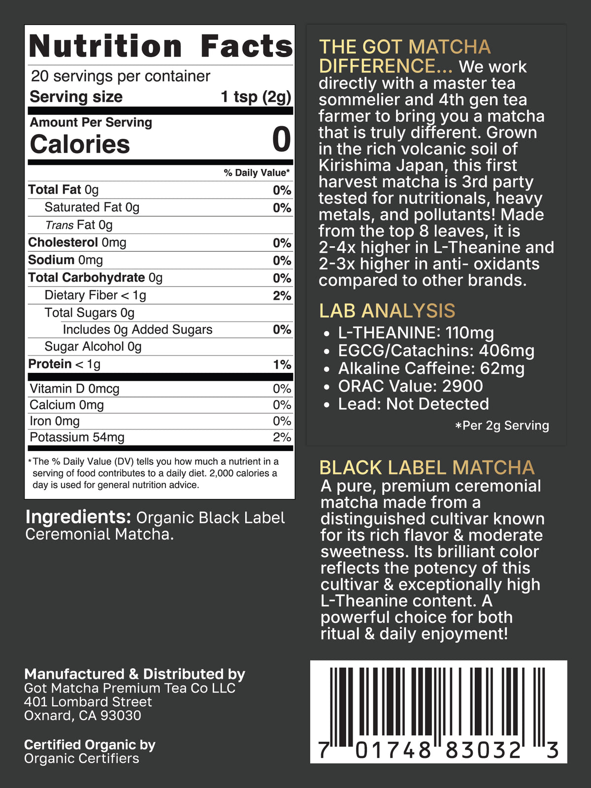 Got Matcha Black Label Ceremonial Matcha — back label with nutrition facts