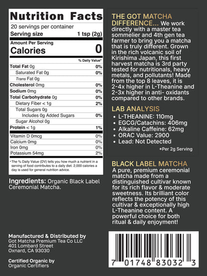 Got Matcha Black Label Ceremonial Matcha — back label with nutrition facts