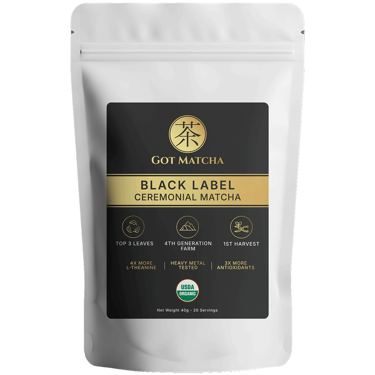 Got Matcha Black Label Ceremonial Matcha — front label, 40g resealable pouch