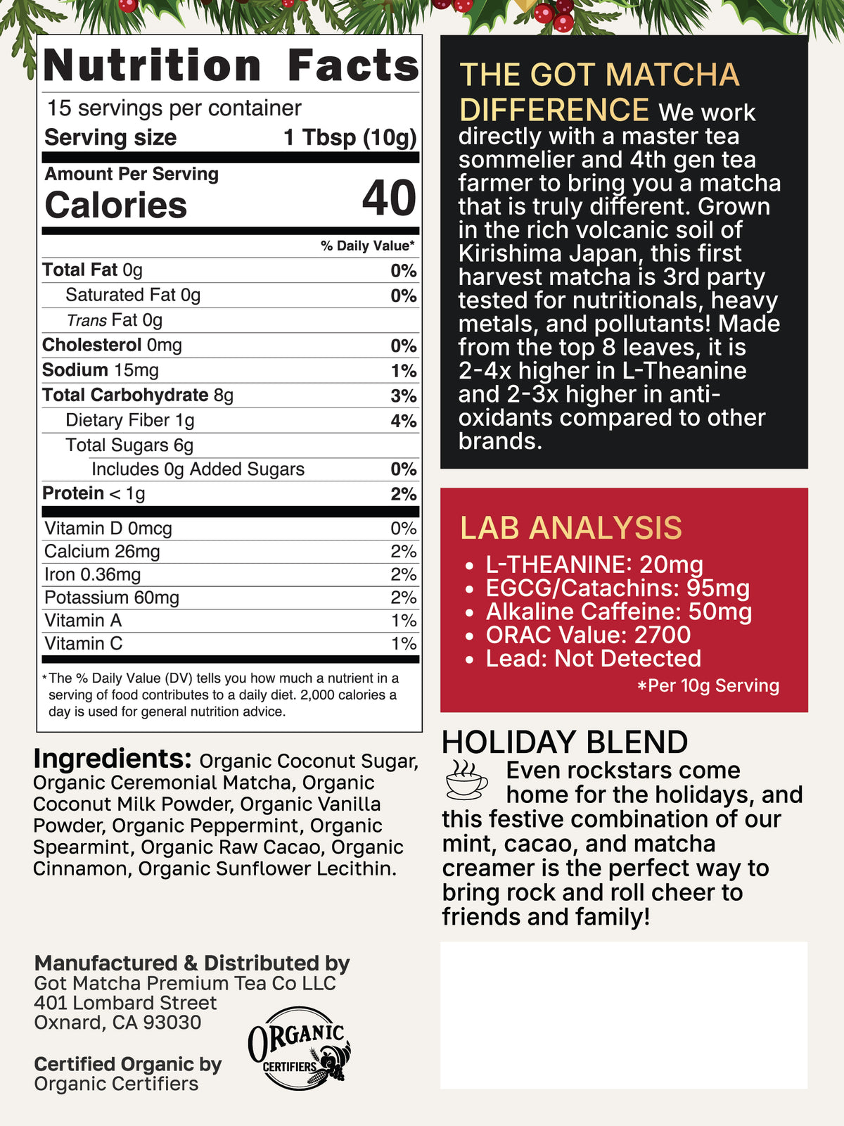 Got Matcha Britt Lightning Matcha Blends — back label with nutrition facts