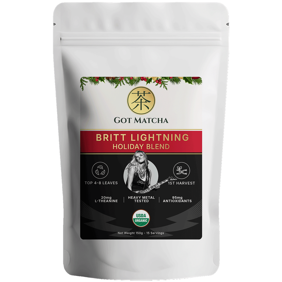Got Matcha Britt Lightning Matcha Blends — front label, 150g resealable pouch