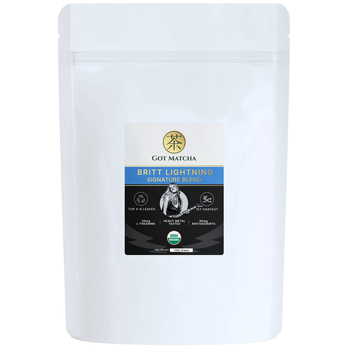 Got Matcha Britt Lightning Matcha Blends — back label with nutrition facts, 1000g resealable pouch