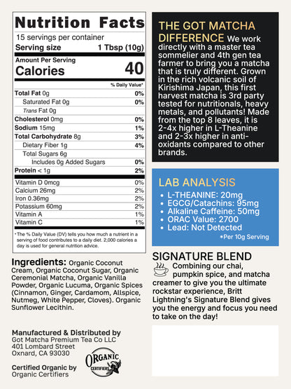 Got Matcha Britt Lightning Matcha Blends — back label with nutrition facts