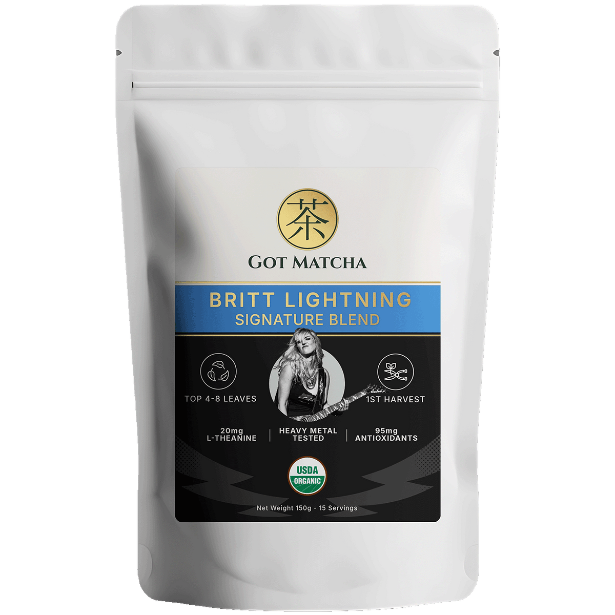 Got Matcha Britt Lightning Matcha Blends — front label, 150g resealable pouch