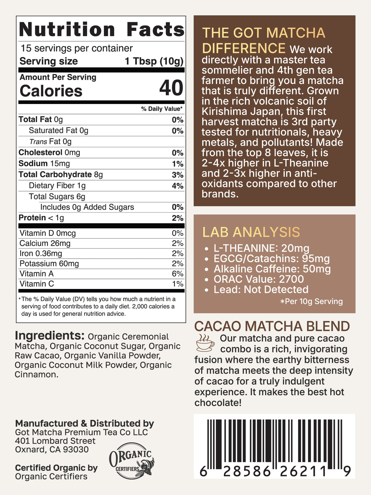 Got Matcha Cacao Matcha Blend — back label with nutrition facts