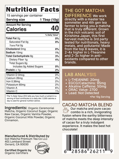 Got Matcha Cacao Matcha Blend — back label with nutrition facts