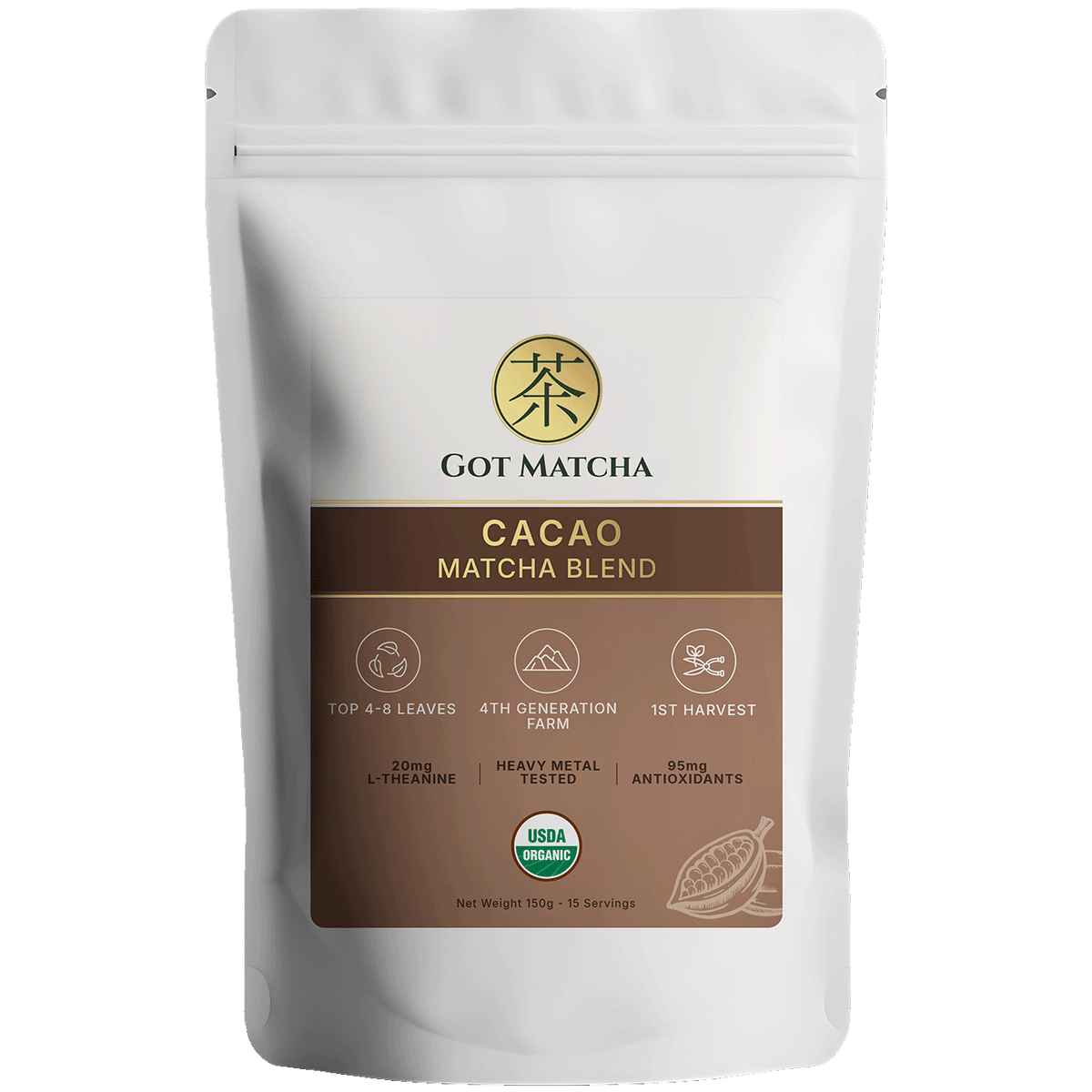 Got Matcha Cacao Matcha Blend — front label, 150g resealable pouch