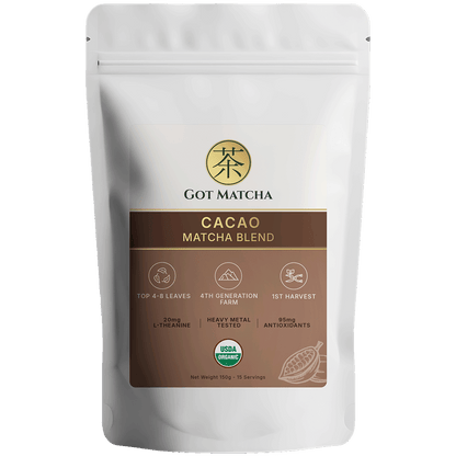 Got Matcha Cacao Matcha Blend — front label, 150g resealable pouch