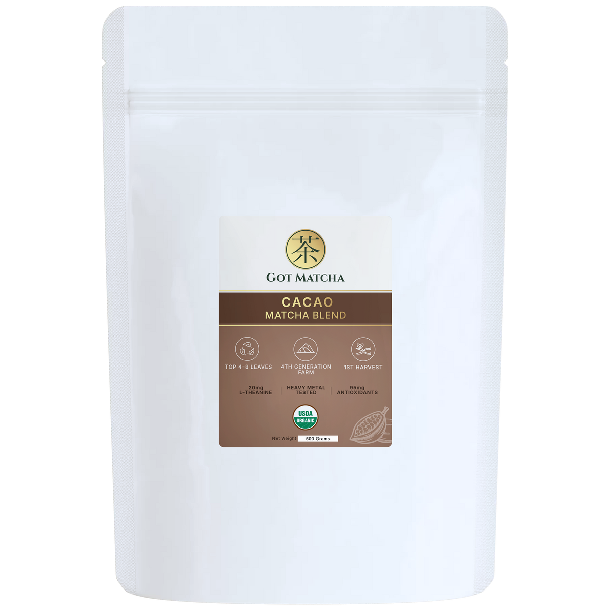 Got Matcha Cacao Matcha Blend — front label, 500g resealable pouch