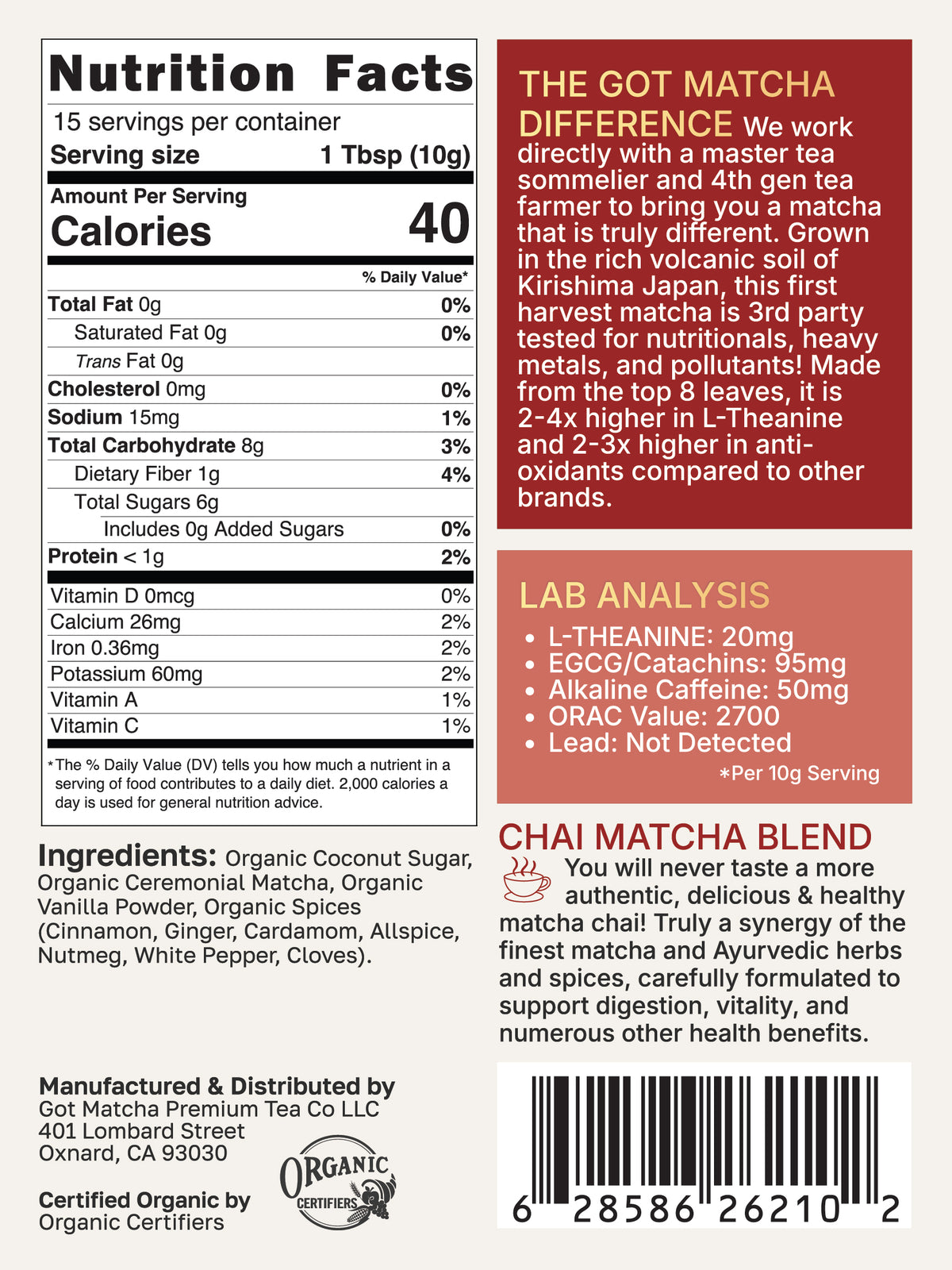 Got Matcha Chai Matcha Blend — back label with nutrition facts