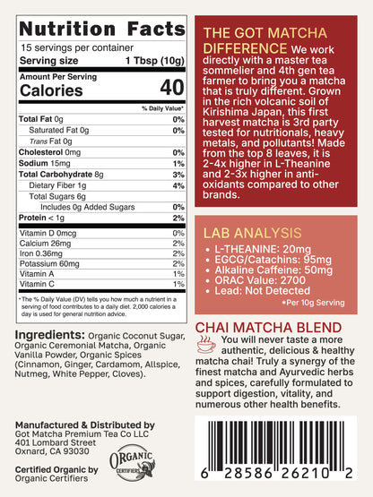 Got Matcha Chai Matcha Blend — back label with nutrition facts