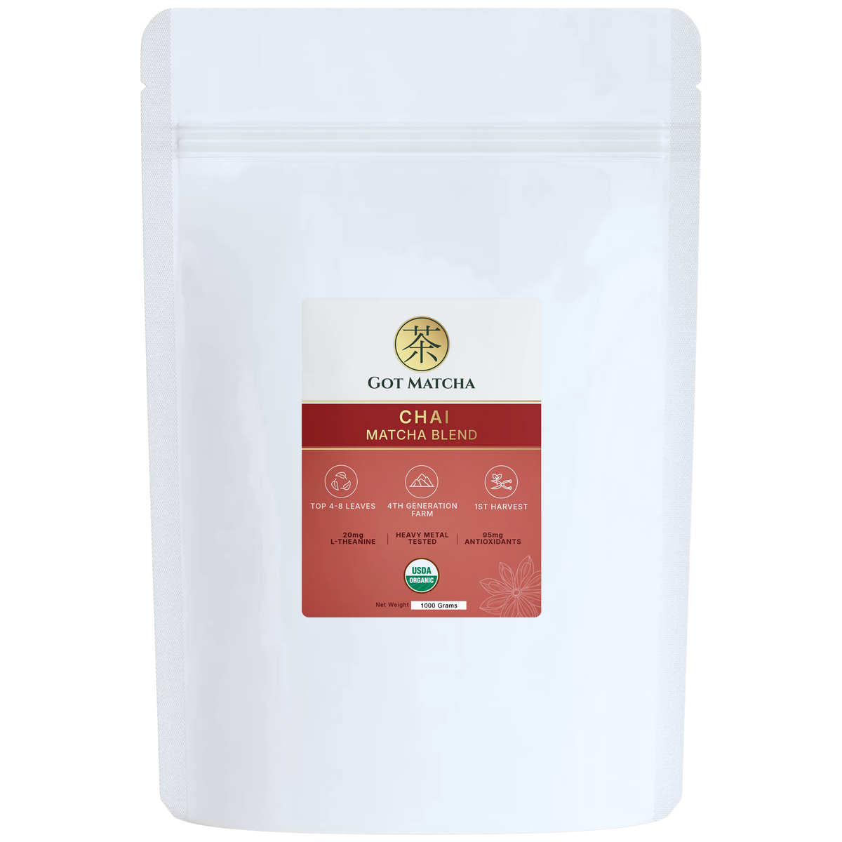 Got Matcha Chai Matcha Blend — front label, 1000g resealable pouch