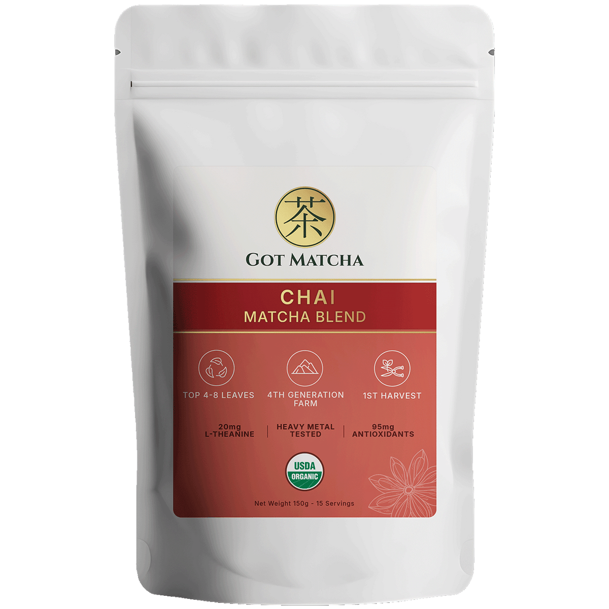 Got Matcha Chai Matcha Blend — front label, 150g resealable pouch