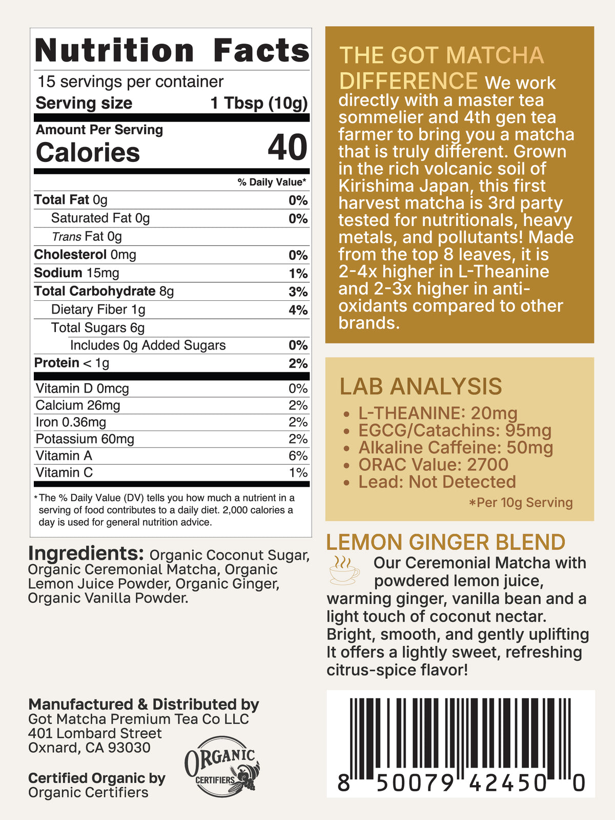 Got Matcha Lemon Ginger Matcha Blend — back label with nutrition facts