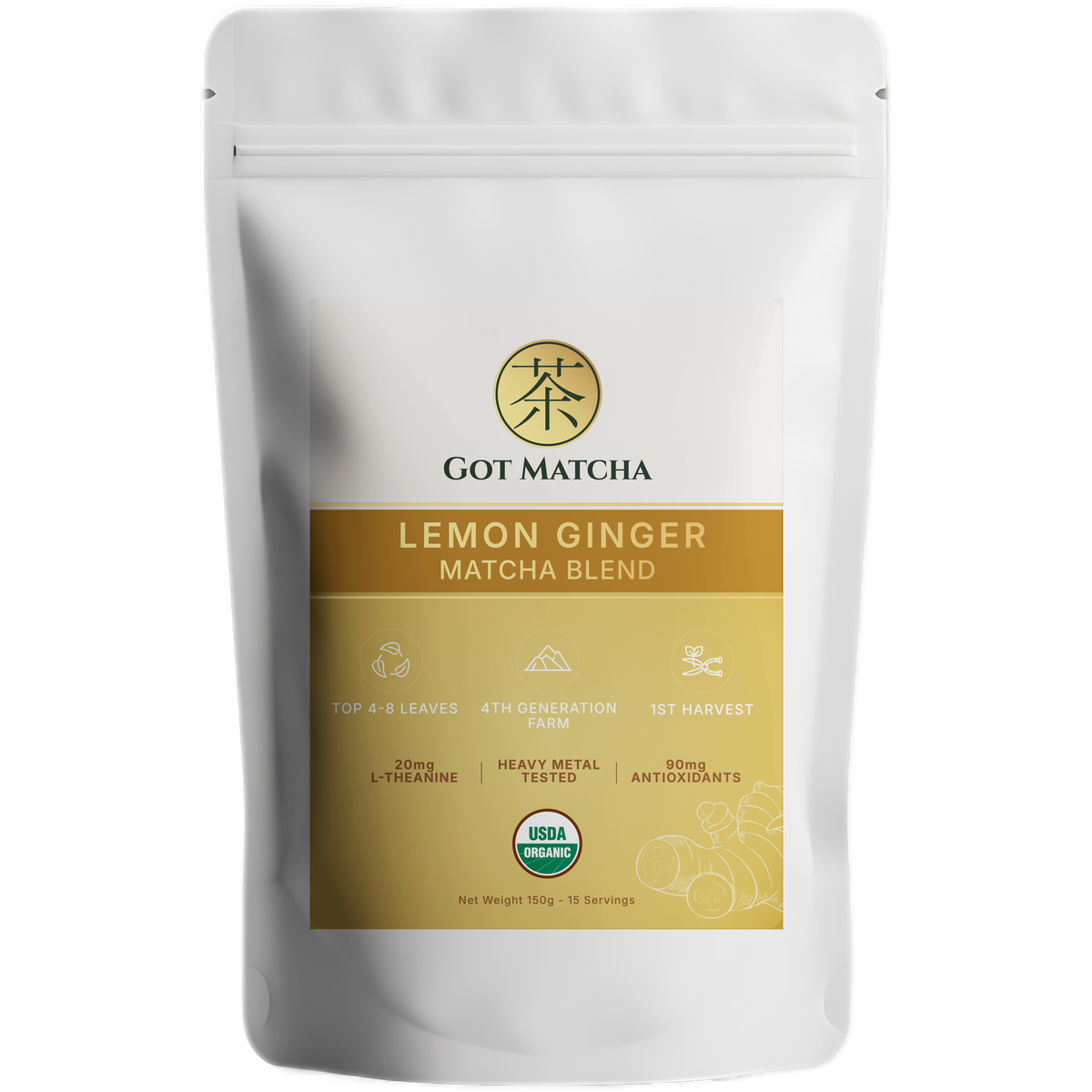 Got Matcha Lemon Ginger Matcha Blend — front label, 150g resealable pouch