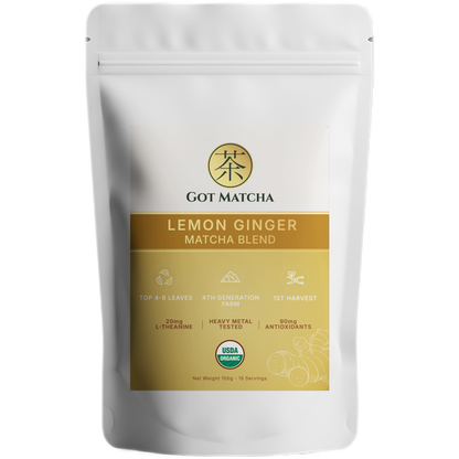 Got Matcha Lemon Ginger Matcha Blend — front label, 150g resealable pouch