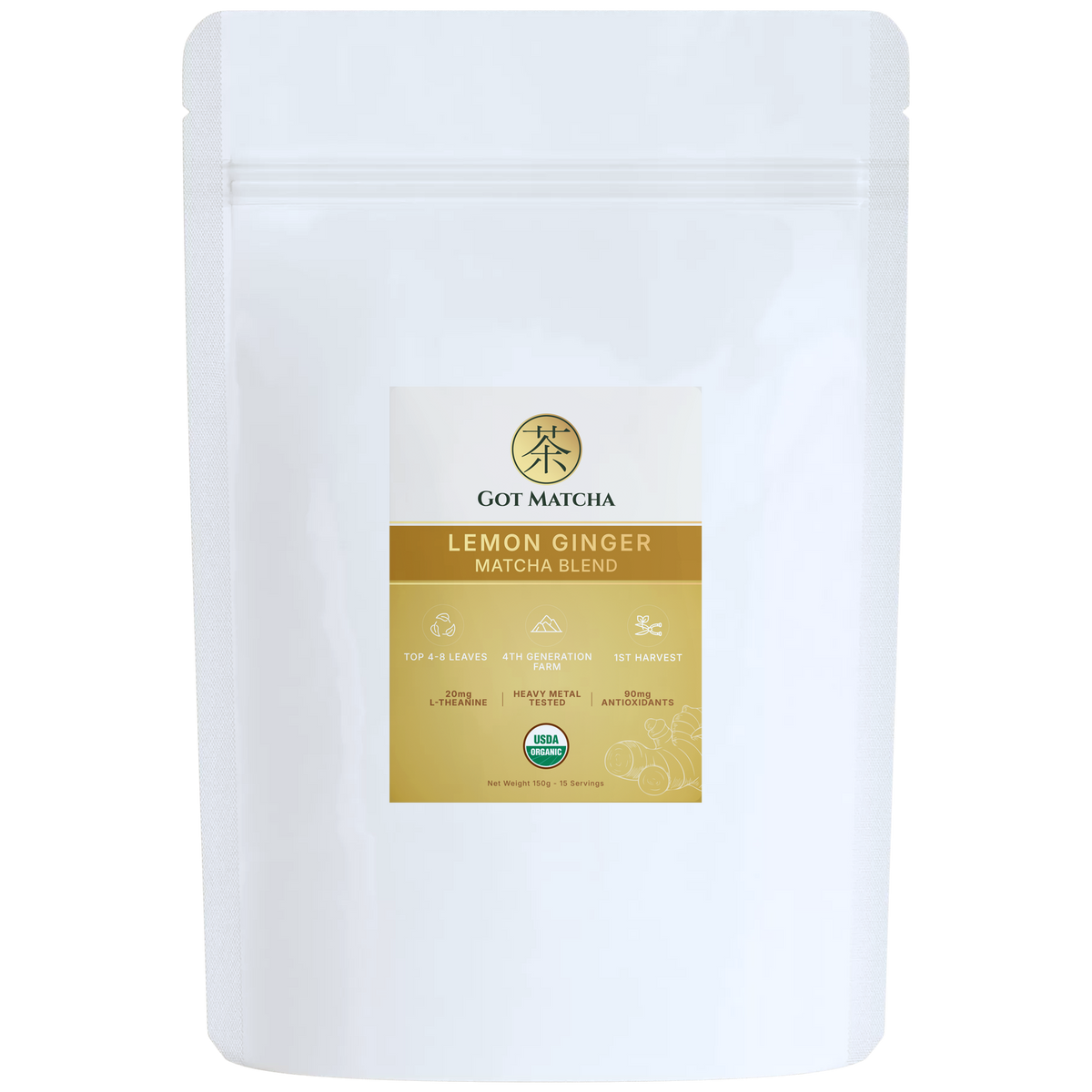 Got Matcha Lemon Ginger Matcha Blend — front label, 500g resealable pouch