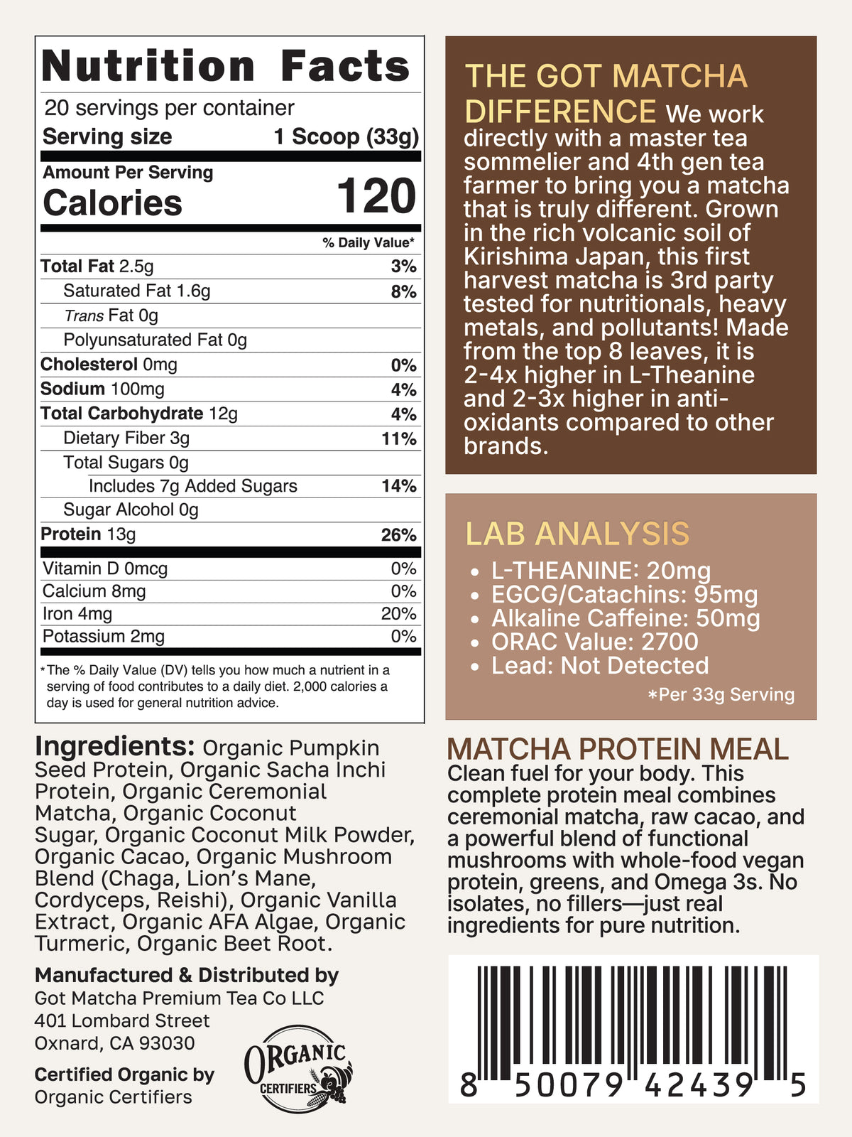 Got Matcha Matcha Protein Meal — back label with nutrition facts