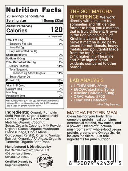 Got Matcha Matcha Protein Meal — back label with nutrition facts