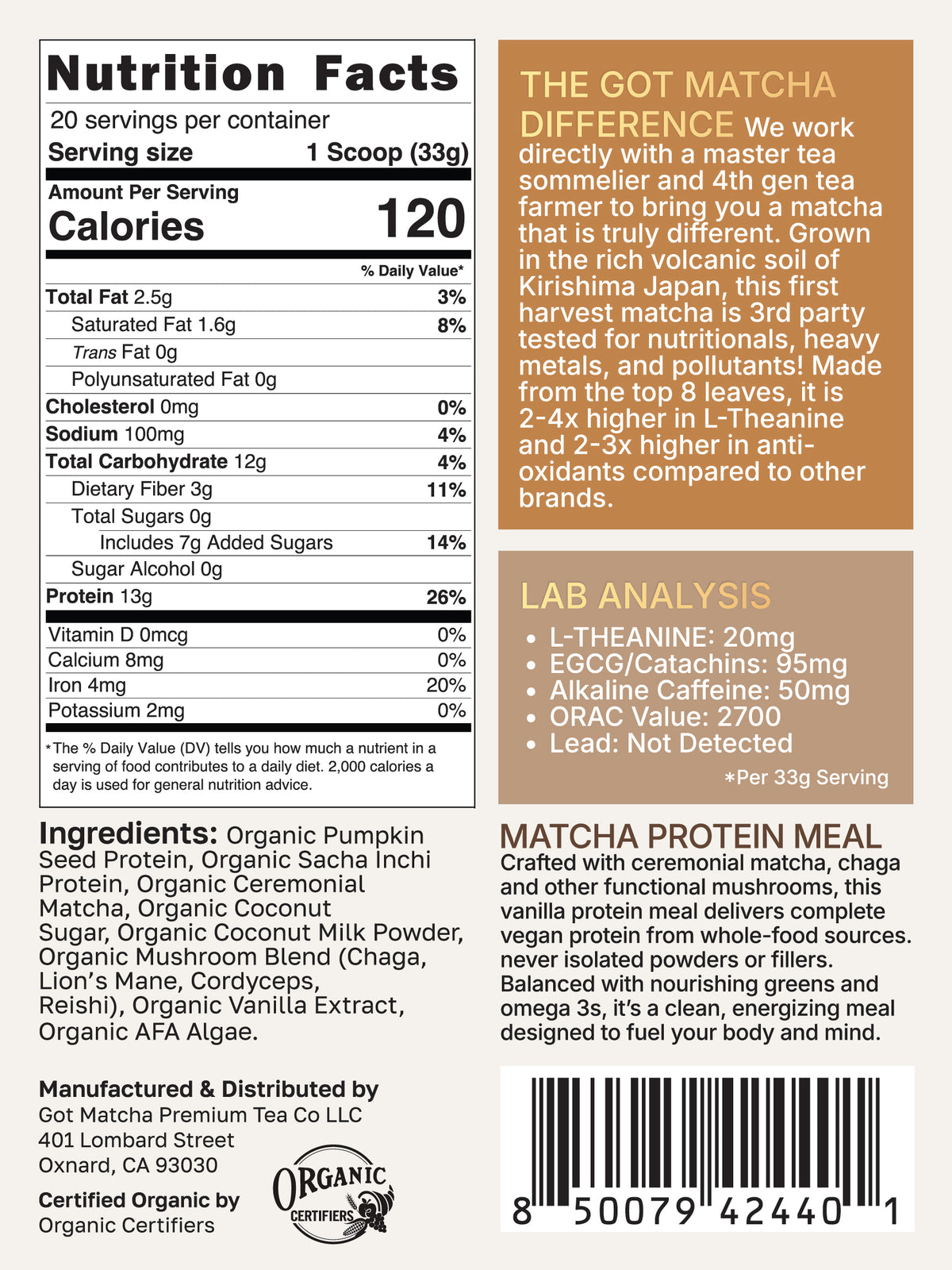 Got Matcha Matcha Protein Meal — back label with nutrition facts