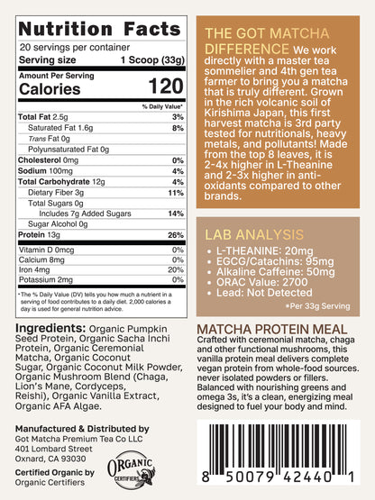 Got Matcha Matcha Protein Meal — back label with nutrition facts