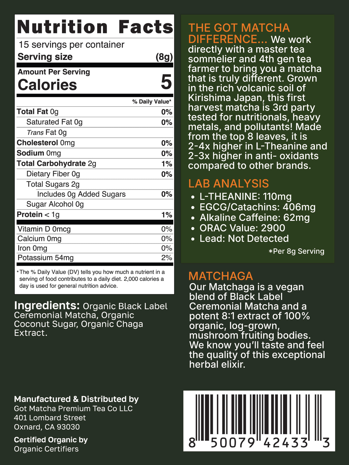 Got Matcha Matchaga — back label with nutrition facts