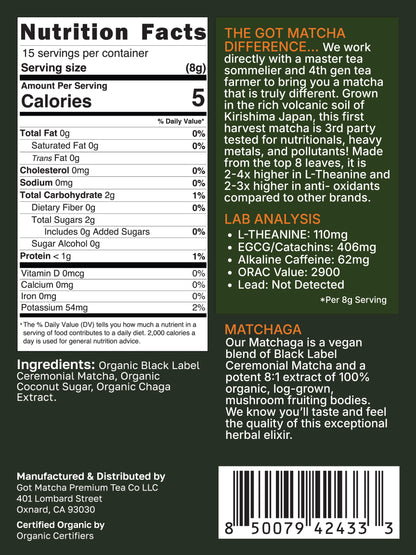 Got Matcha Matchaga — back label with nutrition facts