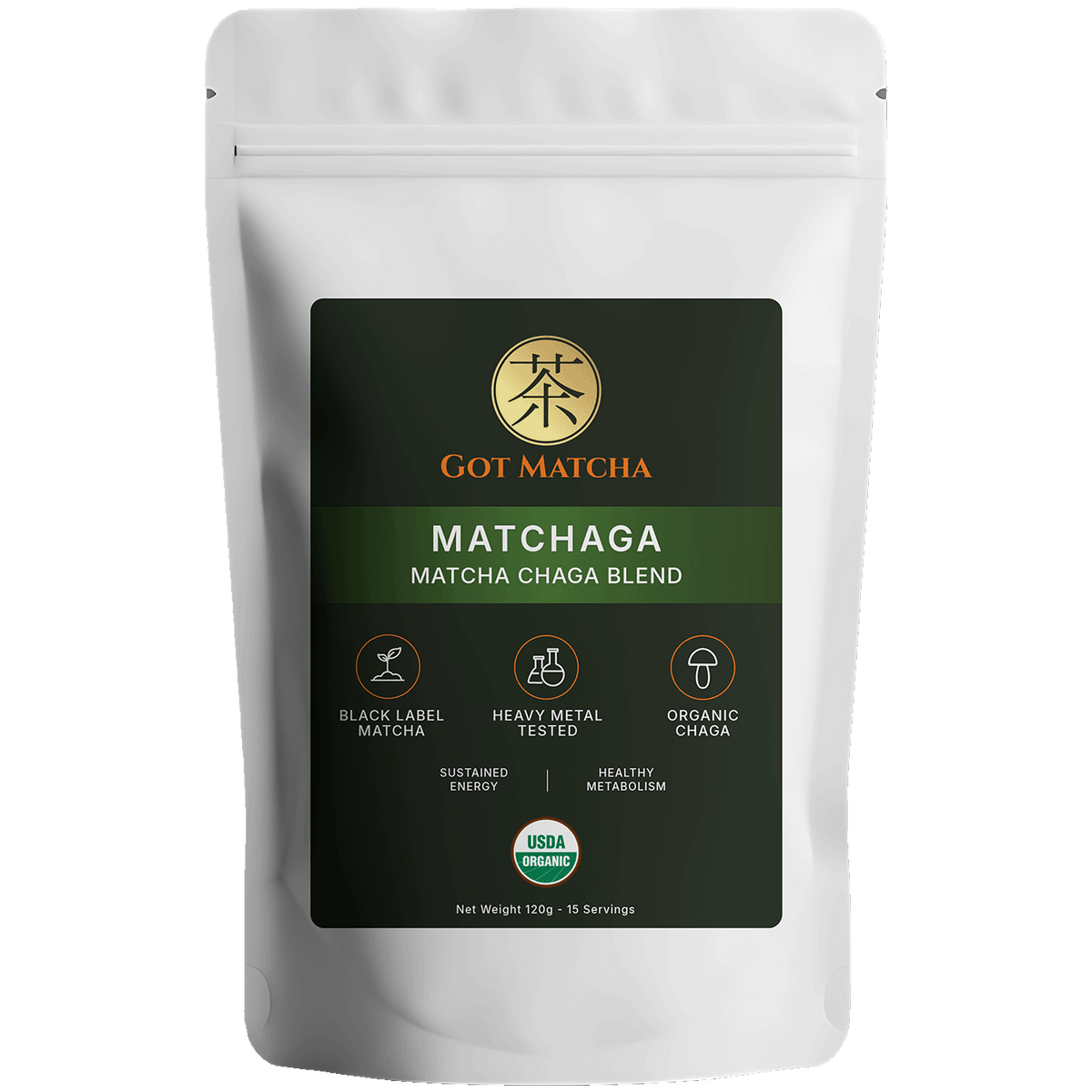 Got Matcha Matchaga — front label, 120g resealable pouch