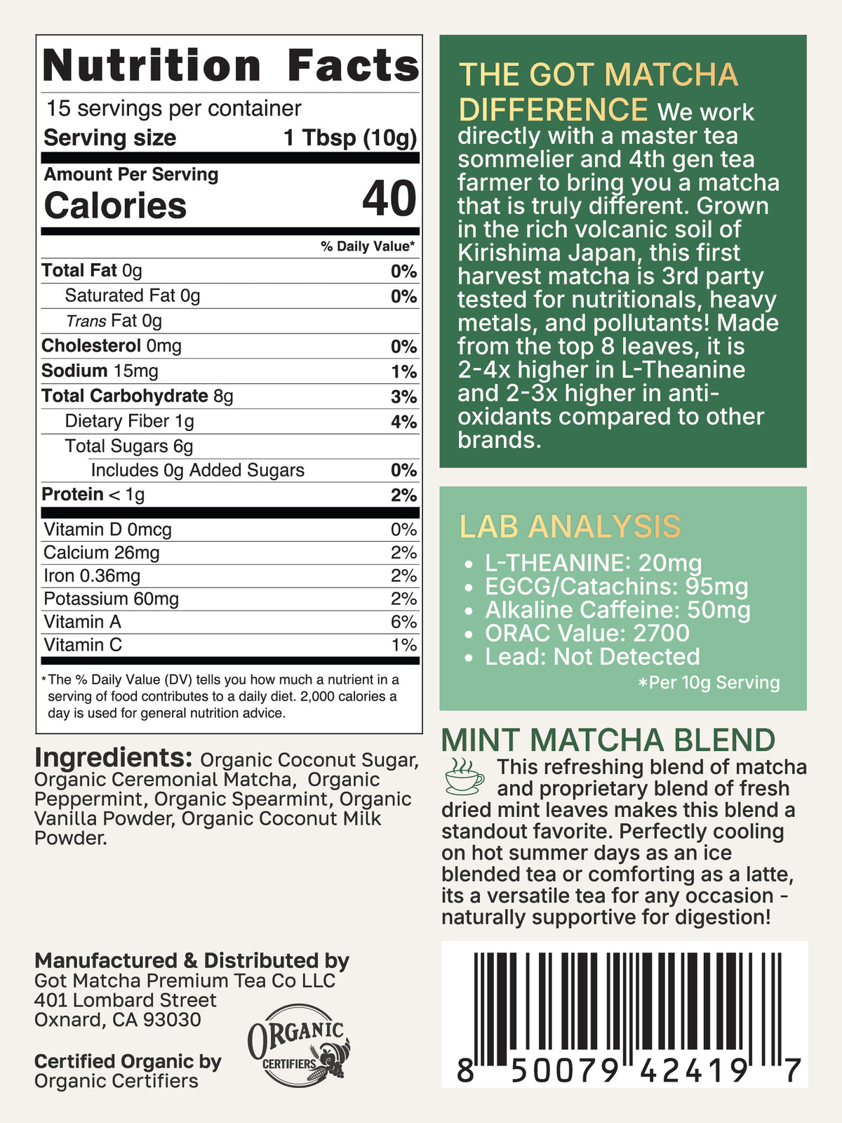 Got Matcha Mint Matcha Blend — back label with nutrition facts