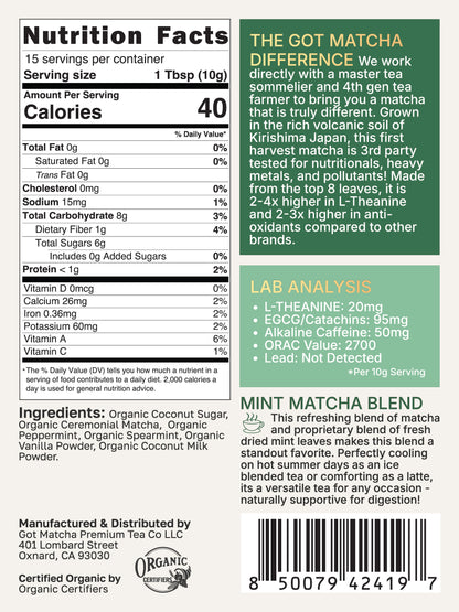 Got Matcha Mint Matcha Blend — back label with nutrition facts