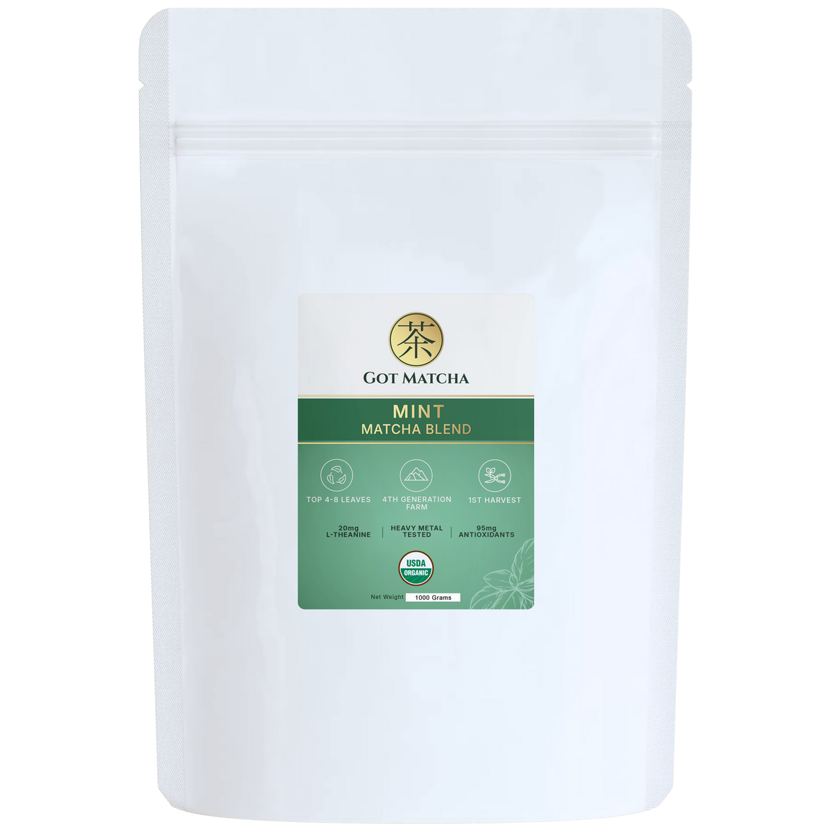 Got Matcha Mint Matcha Blend — front label, 1000g resealable pouch