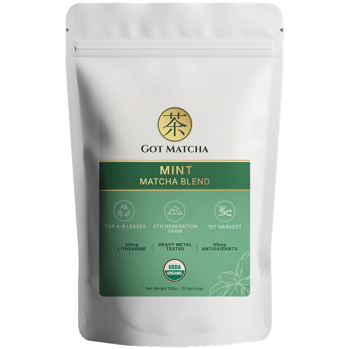 Got Matcha Mint Matcha Blend — front label, 150g resealable pouch