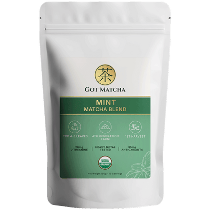 Got Matcha Mint Matcha Blend — front label, 150g resealable pouch