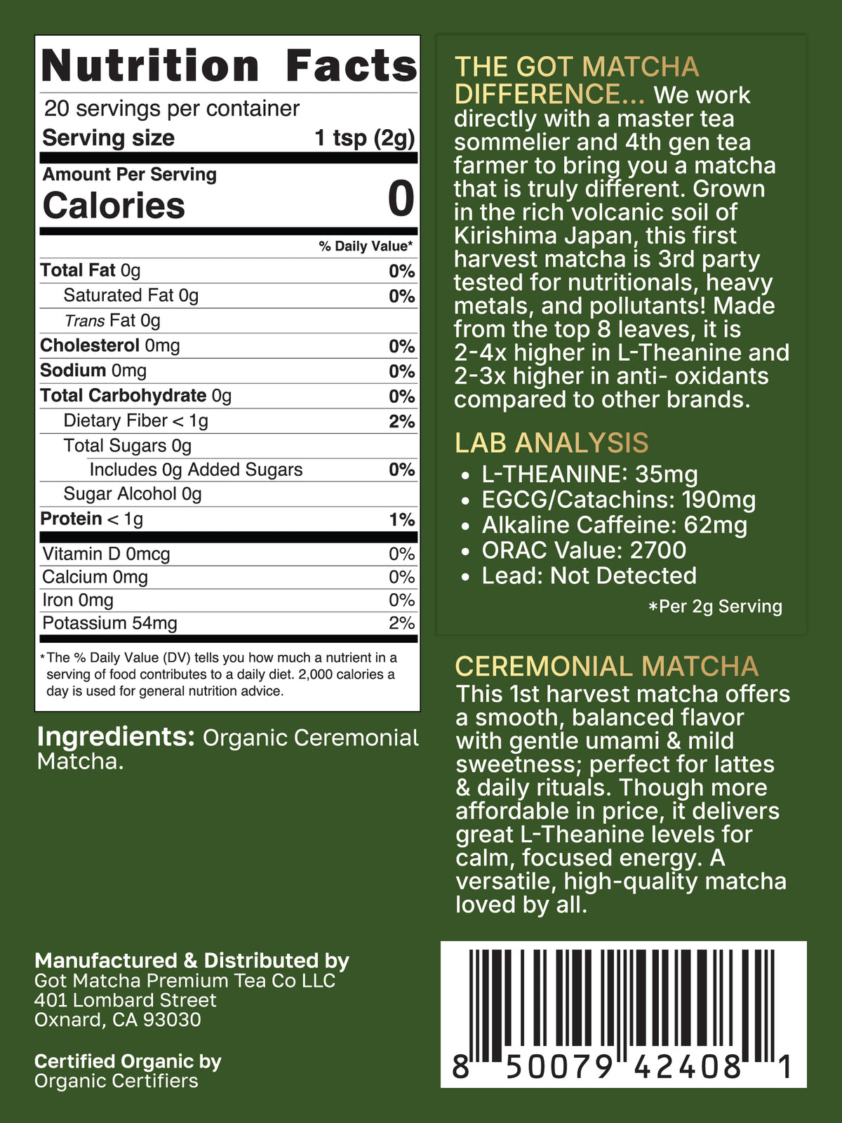 Got Matcha Organic Ceremonial Matcha - Signature Grade — back label with nutrition facts