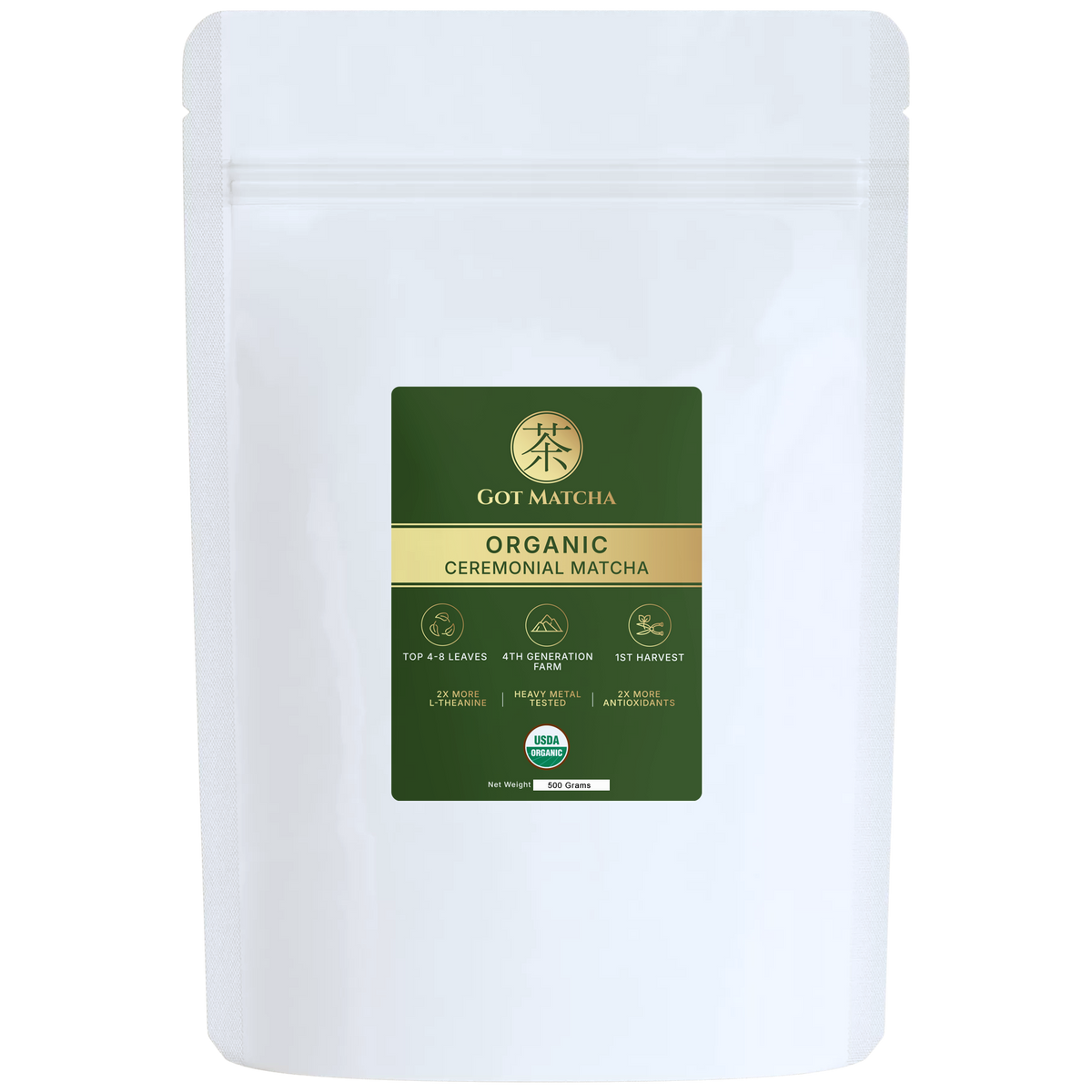 Got Matcha Organic Ceremonial Matcha - Signature Grade — front label, 500g resealable pouch