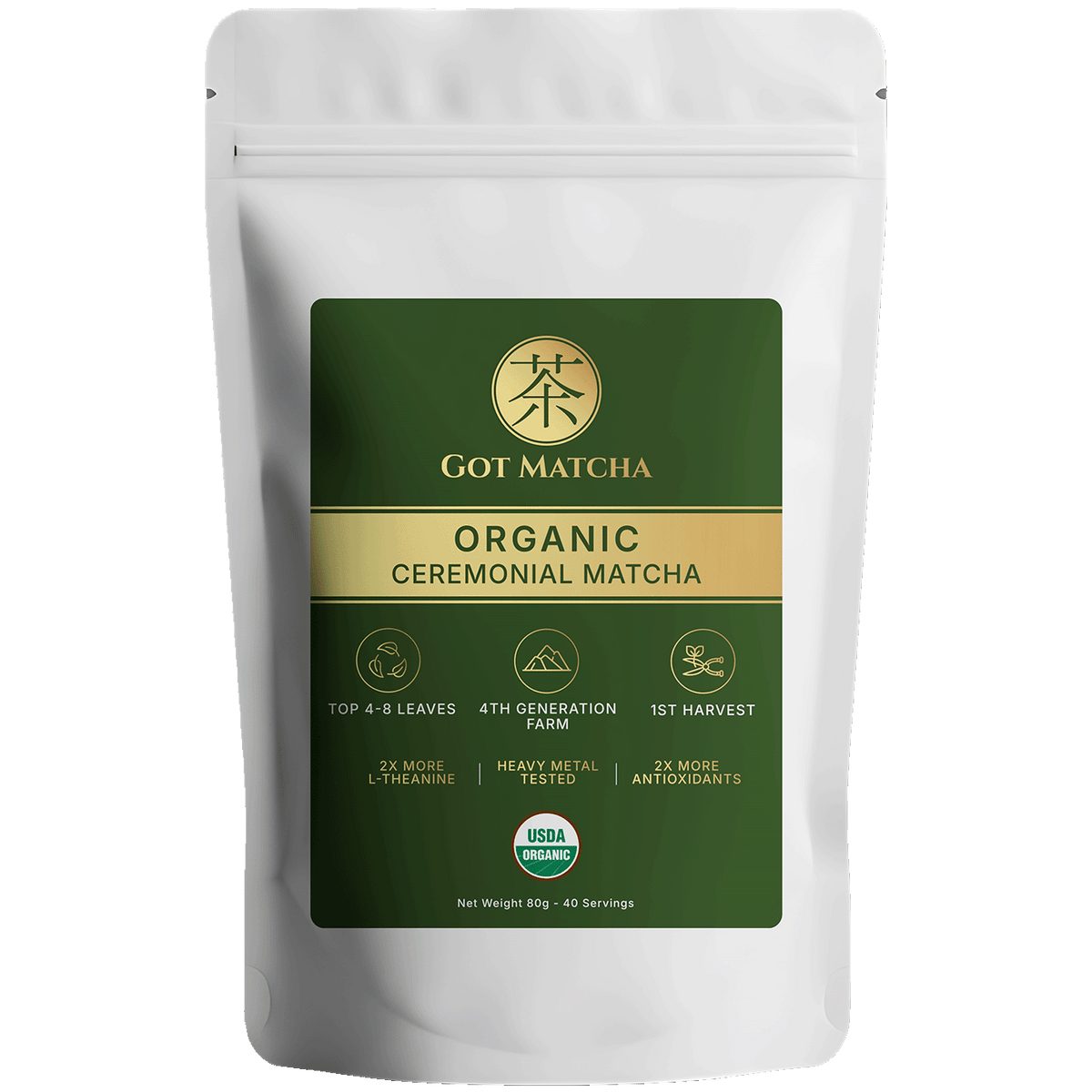 Got Matcha Organic Ceremonial Matcha - Signature Grade — front label, 80g resealable pouch