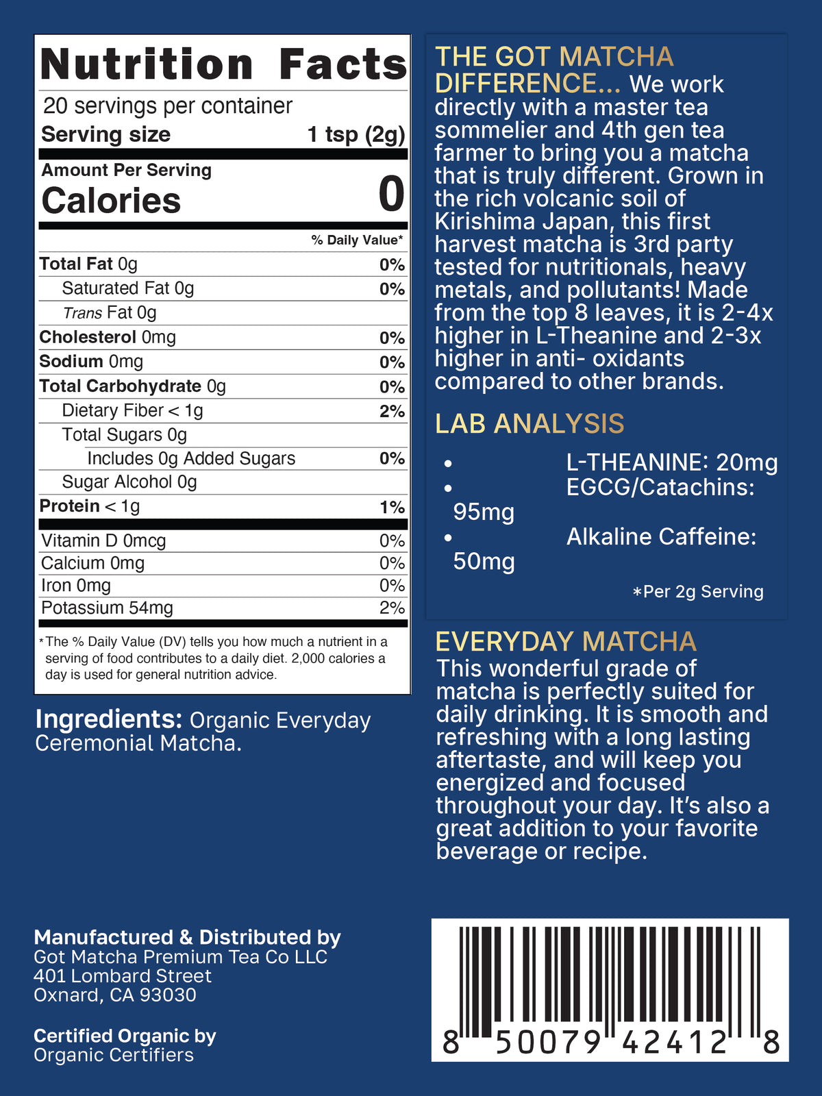 Got Matcha Organic Everyday Matcha — back label with nutrition facts