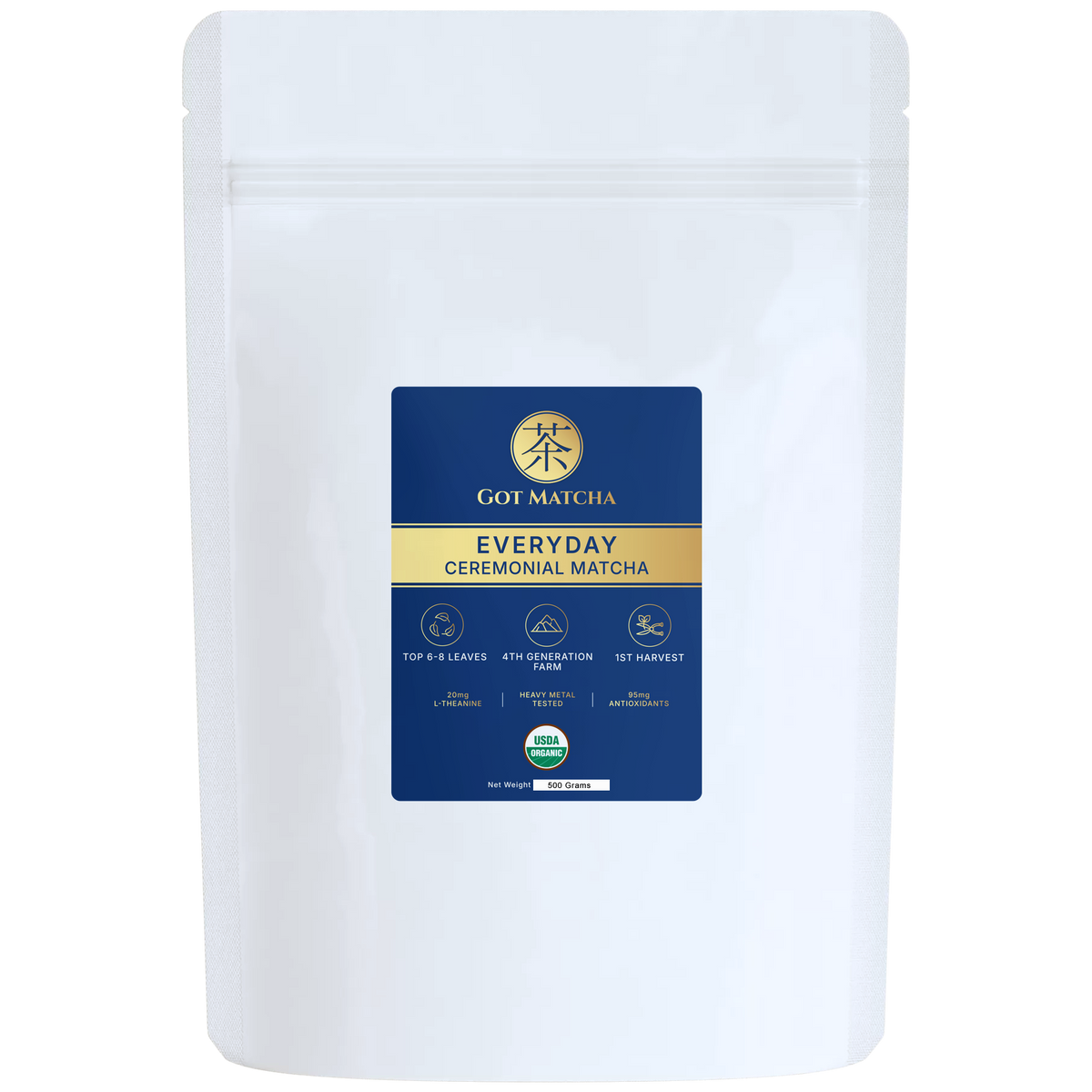 Got Matcha Organic Everyday Matcha — front label, 500g resealable pouch
