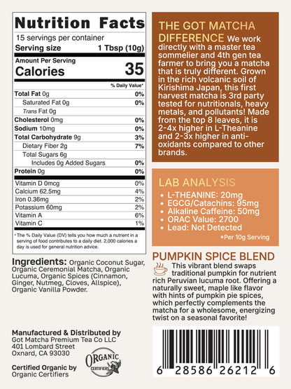 Got Matcha Pumpkin Spice Matcha Blend — back label with nutrition facts