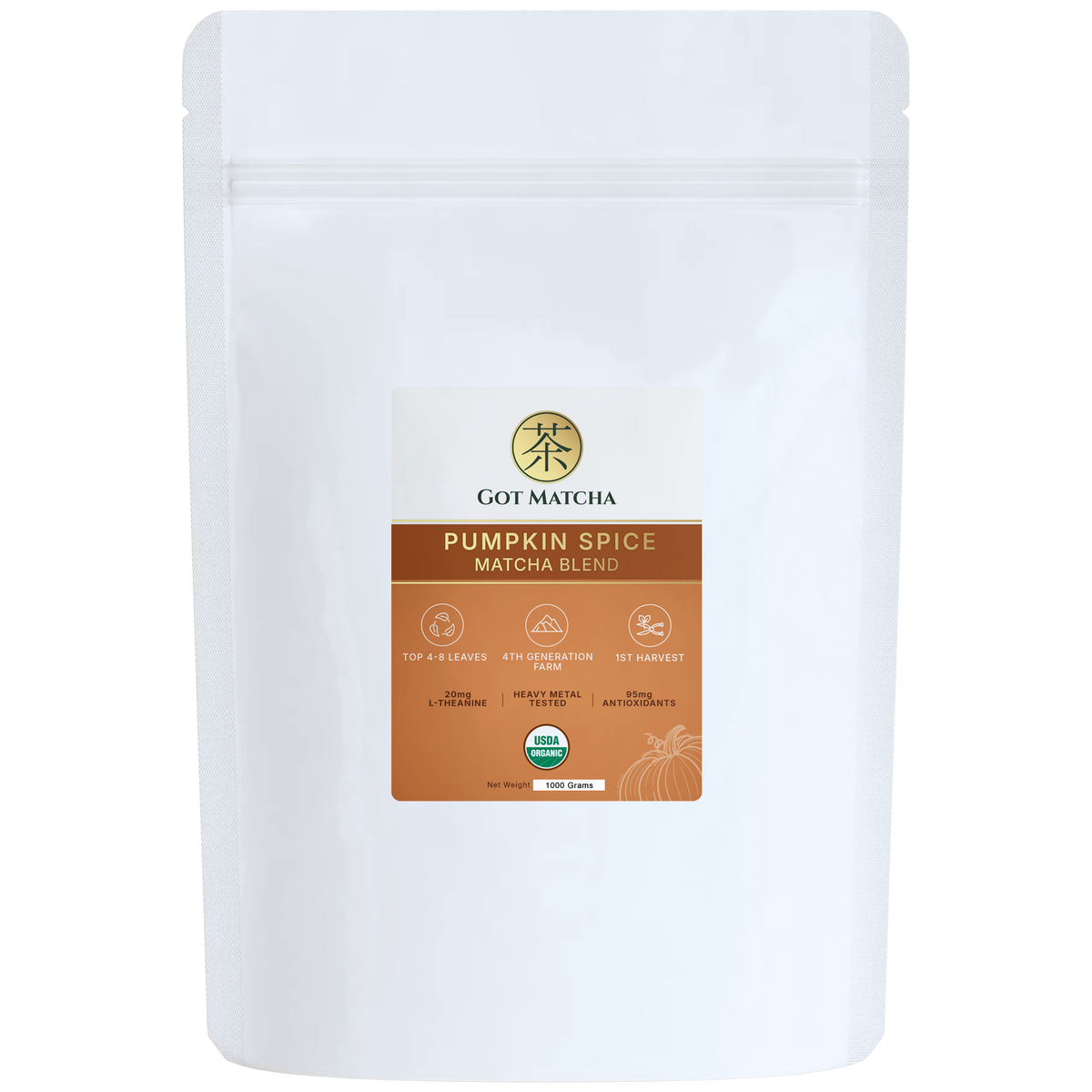 Got Matcha Pumpkin Spice Matcha Blend — front label, 1000g resealable pouch