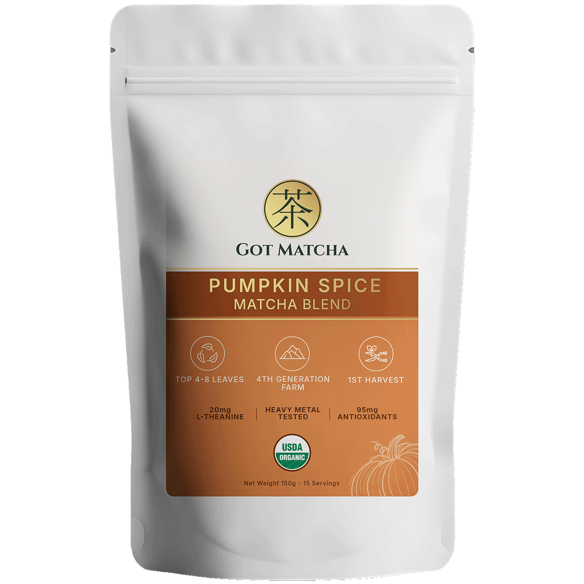 Got Matcha Pumpkin Spice Matcha Blend — front label, 150g resealable pouch