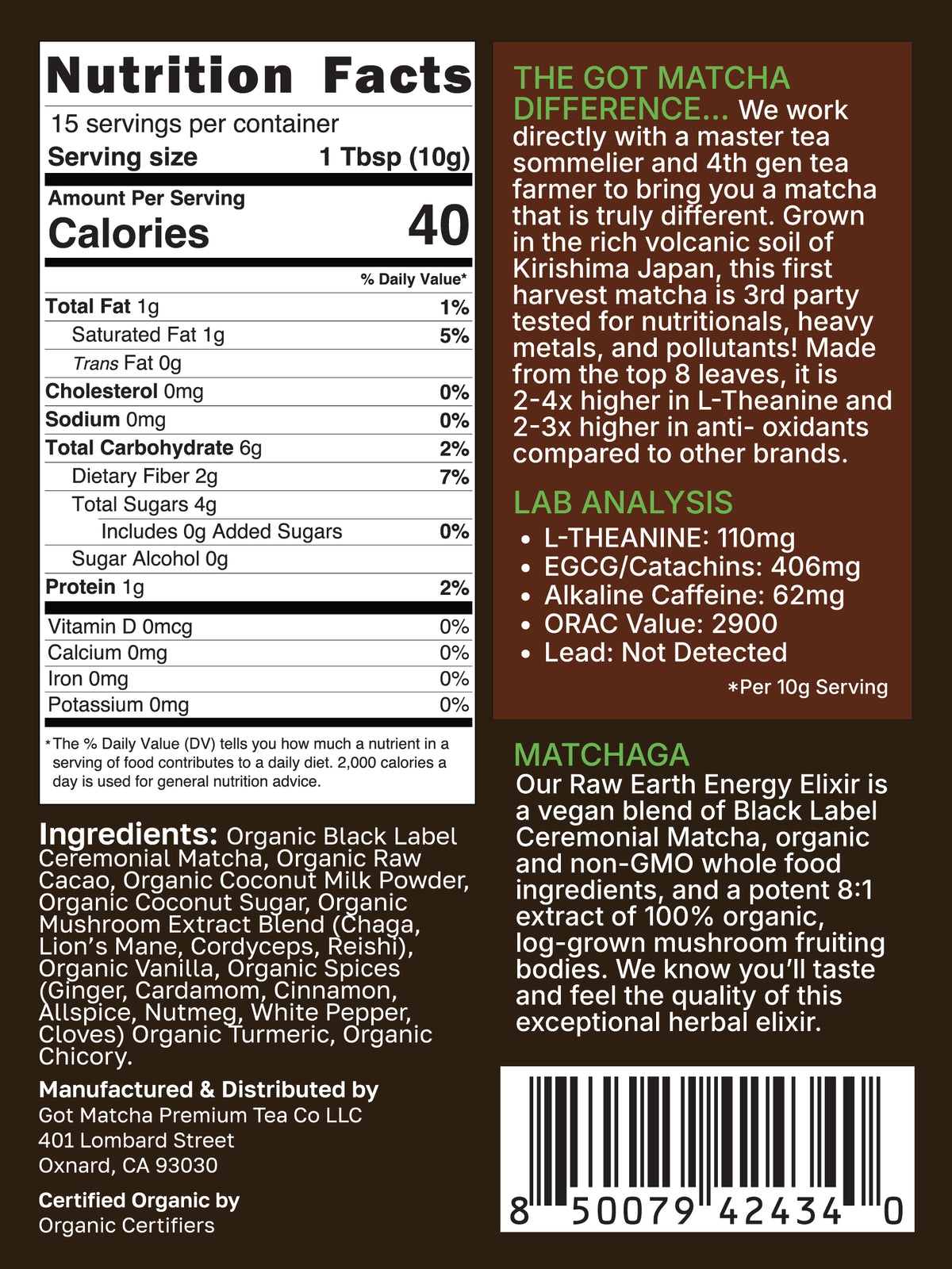Got Matcha Raw Earth — back label with nutrition facts