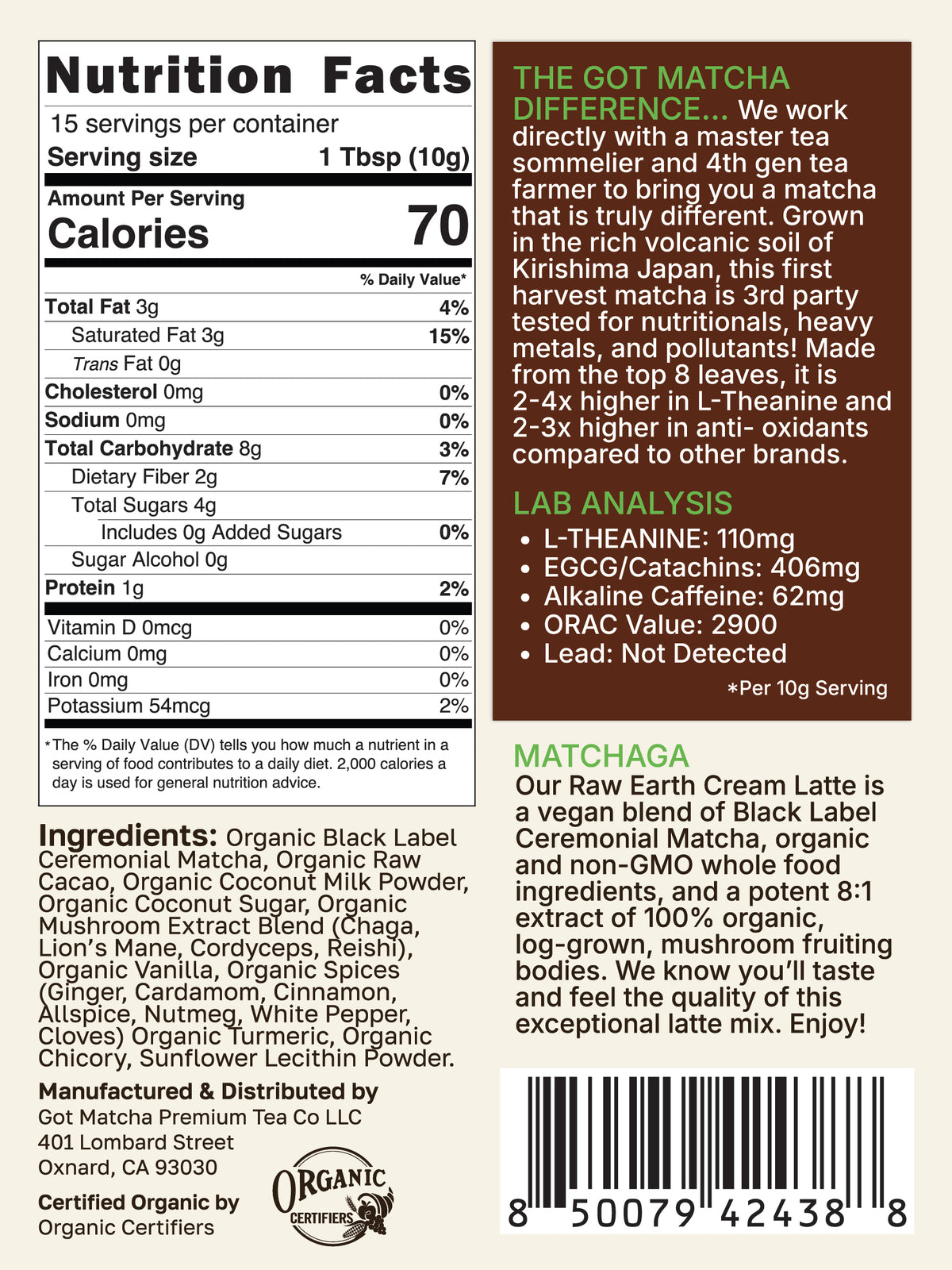 Got Matcha Raw Earth Cream Latte — back label with nutrition facts
