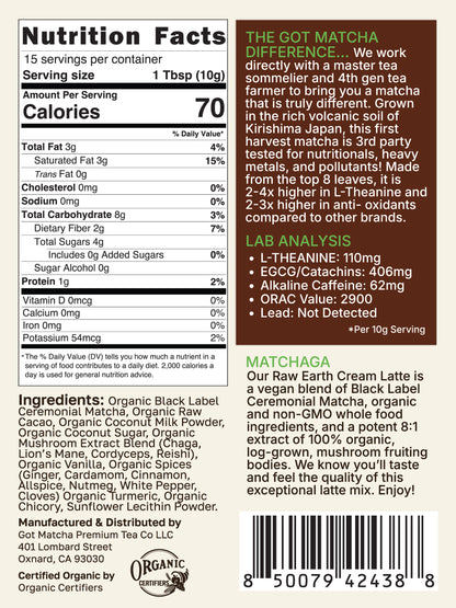 Got Matcha Raw Earth Cream Latte — back label with nutrition facts