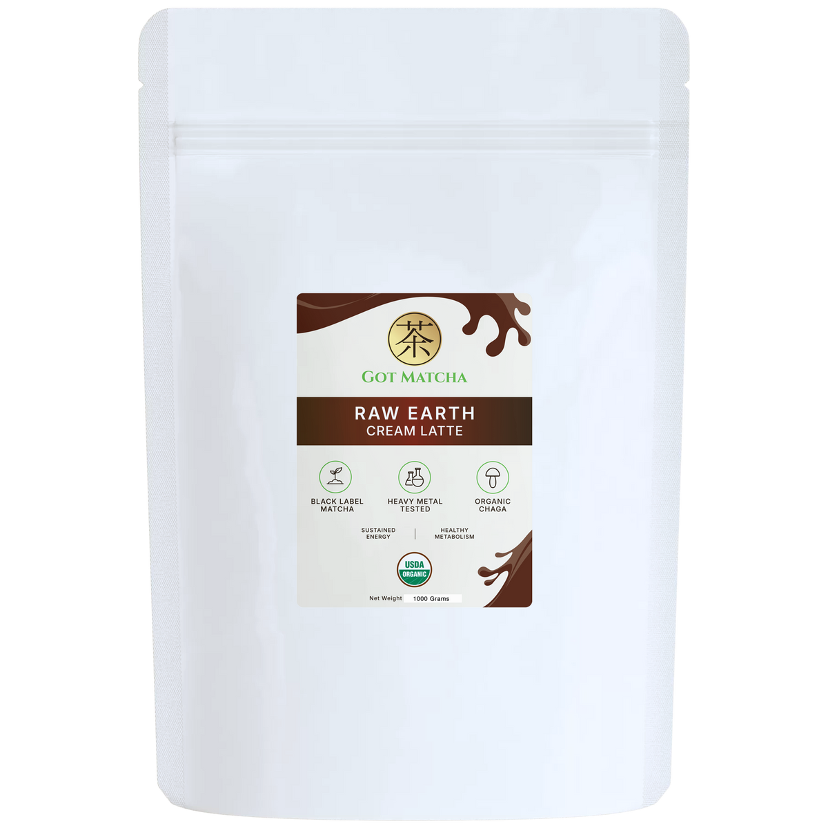 Got Matcha Raw Earth Cream Latte — front label, 1000g resealable pouch