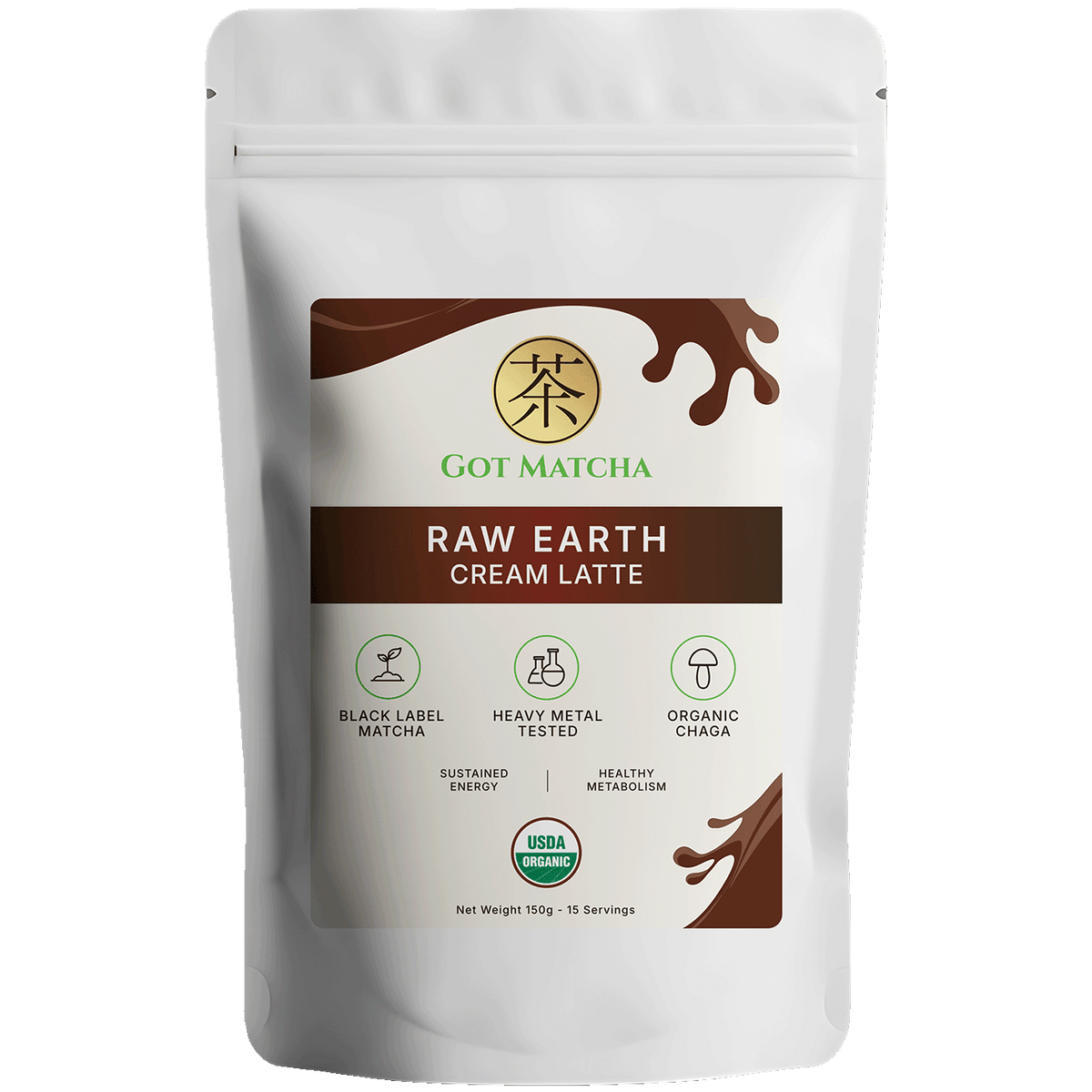 Got Matcha Raw Earth Cream Latte — front label, 150g resealable pouch