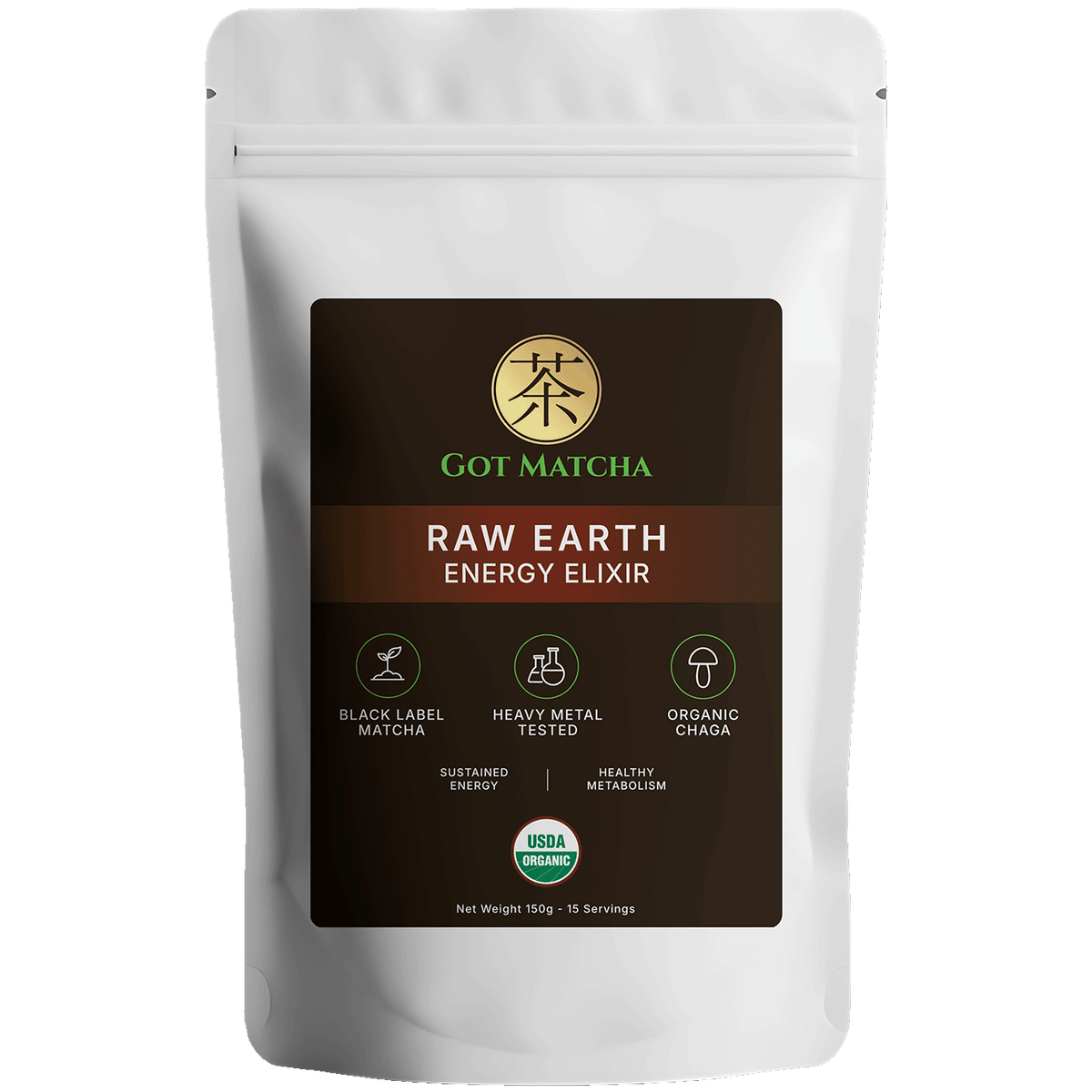 Got Matcha Raw Earth — front label, 150g resealable pouch