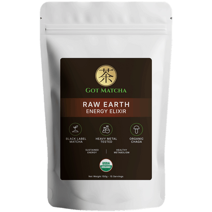Got Matcha Raw Earth — front label, 150g resealable pouch