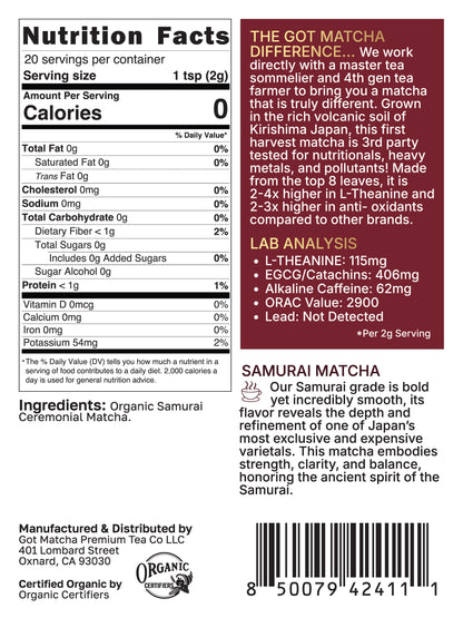 Got Matcha Samurai Ceremonial Matcha — back label with nutrition facts